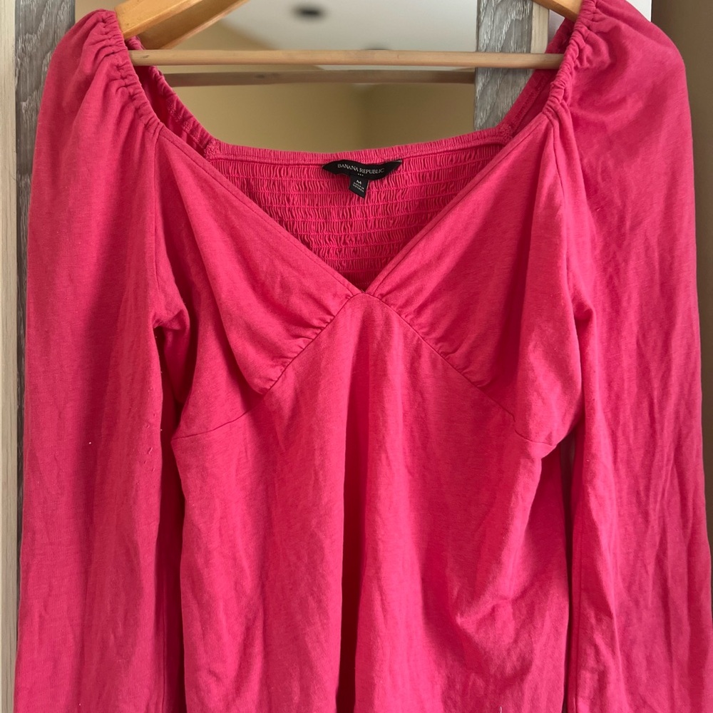 Banana Republic Pink and Orange Puff Sleeve Ruched Blouse